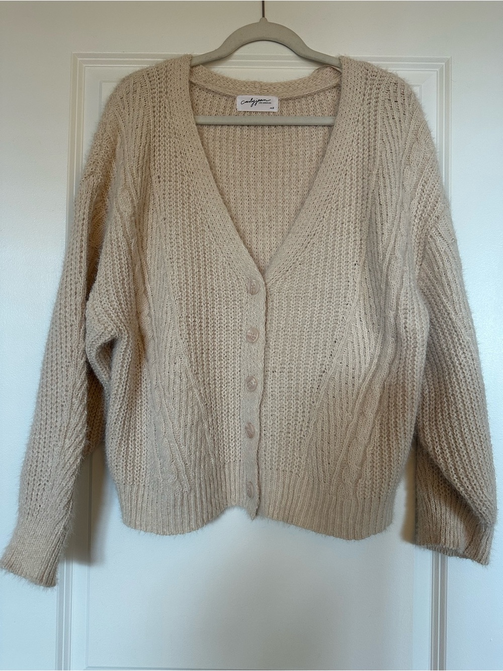 Carly Jean Los Angeles Beige Cable Knit Button Cardigan